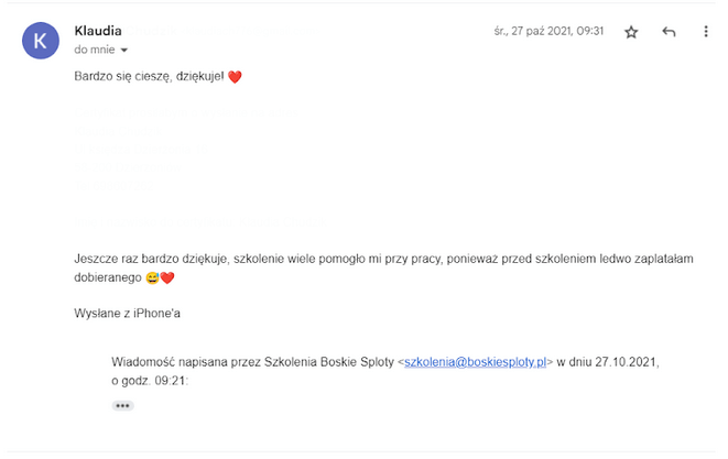 Opinia Klaudii po szkoleniu