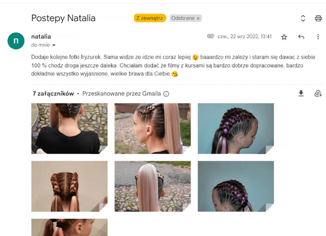 Wiadomość Natalii o postępach po szkoleniu